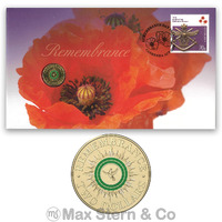 Australia 2014 Remembrance Day Lest We Forget Stamp & Coloured $2 Coin Cover - PNC