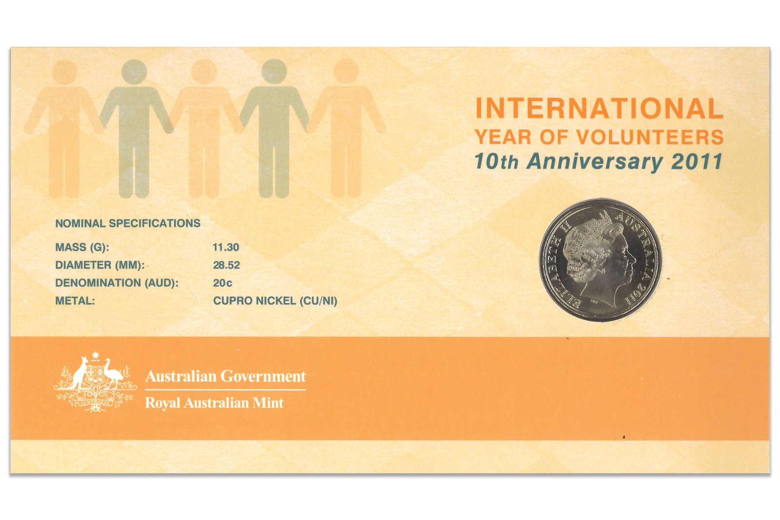 2011 Australian UNC 20c Coin 10th Anniv International Year of Volunteers PNC 