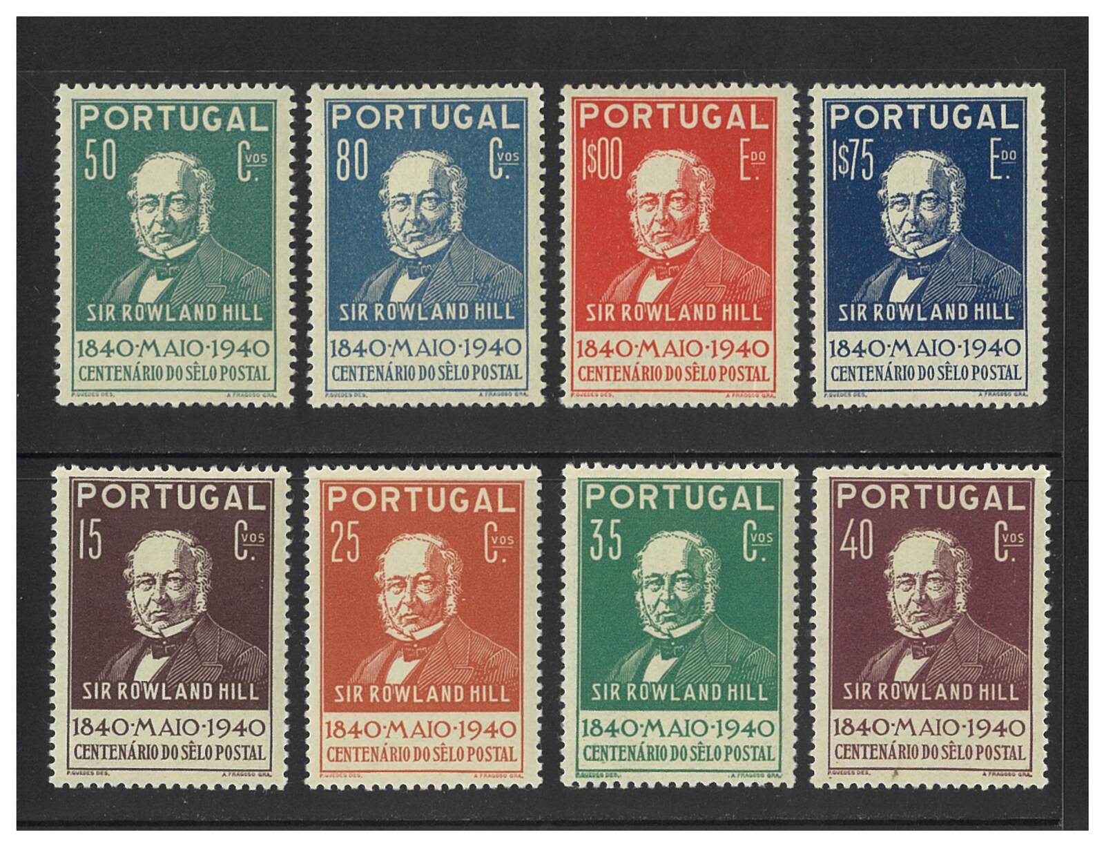Portugal 1940 Stamp Centenary (Rowland Hill) Set of 8 stamps Scott 595