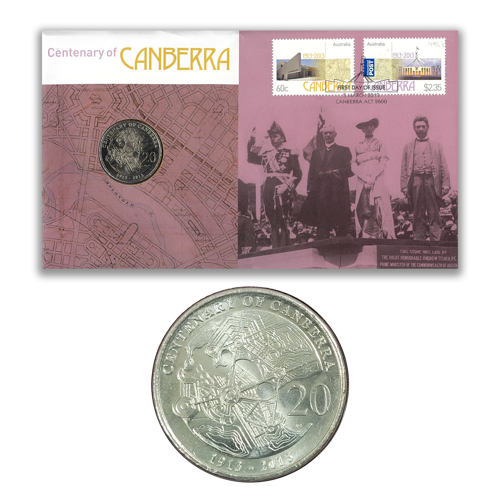 Australia 2013 Centenary Of Canberra Stamps 20c Unc Coin Cover Pnc