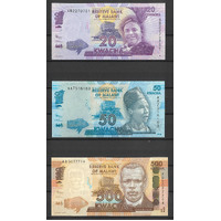 Malawi 2012 - Group of 3 Banknotes 20, 50, 500 Kwacha All UNC