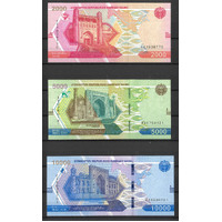 Uzbeckistan 2021 - Group of 3 Banknotes 2000, 5000, 10000 Sum All UNC