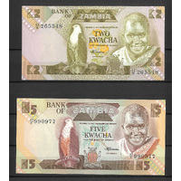 Zambia 1980's - Pair of 2 & 5 Kwacha Banknotes UNC