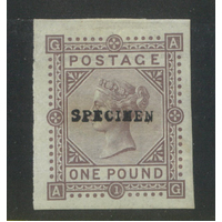 Great Britain 1870 QV £1 Colour Trial Cross WMK Imperf Specimen Stamp MLH 3-1