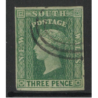 New South Wales 1856 Queen Victoria 3d Stamp Yellow-Green SG115 Four Margins Fine Used