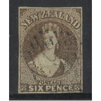 New Zealand 1862 WMK Large Star QV 6d Stamp Brown 4 Margins SG42 Fine Used 11-1