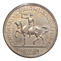 Australia 1934/35 Melbourne Centenary Florin gEF w/- Foy & Gibson P/L Type 1 Bag