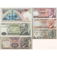 Turkey, Set A of 6 banknotes in Unc grade (1972-1988)