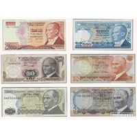 Turkey, Set B of 6 banknotes in Unc grade (1974-1988)