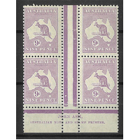 Australia Kangaroo Stamp Small Mult WMK 9d Dull Violet Ash Imprint Block/4 #AUBK