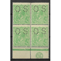 Australia KGV Stamp Single Crown WMK ½d Green JBC Monogram Perf OS Block/4 SG O38 MUH#AUBK