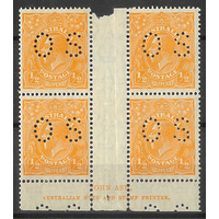 Australia KGV Stamp Small Mult WMK ½d Orange Perf OS Ash Imprint Block/4 SG94 MLH/MUH#AUBK