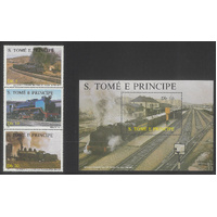 St Thomas & Prince Is. 1987 Trains Strip/3 Stamps & Mini Sheet Sc.811/12 MUH 6-1
