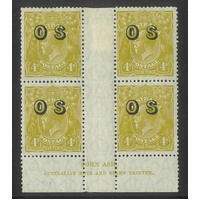 Australia KGV Block/4 Stamps Small Mult WMK 4d Olive Ovpt OS Ash Imprint MLH/MUH
