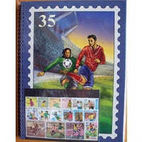 FIFA WORLD CUP STAMP ALBUM/STOCKBOOK WITH 50 SOCCER STAMPS - BLUE
