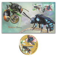 Australia 2019 Native Bees Set/2 Stamps & $1 Coloured UNC Coin Cover - PNC