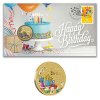 Australia 2019 Happy Birthday Stamp & $1 Coloured UNC Coin Cover - PNC