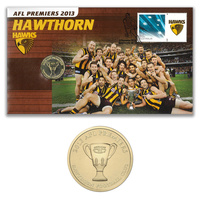 Australia 2013 AFL Premiers Hawthorn Hawks Stamp & $1 UNC Coin Cover - PNC