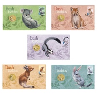 Australia 2011 Bush Babies Set of 5 Stamp & $1 Dollar UNC Coins Covers - PNC's
