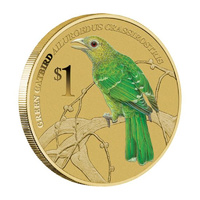 2013 Australian Birds Green Catbird Songbird Tuvalu $1 Dollar Coloured UNC Coin Carded