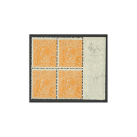 Australia 1927 Small Multi WMK p14 KGV ½d Pale Orange Marginal Block/4 Stamps W/ Inverted WMK BW67Ba