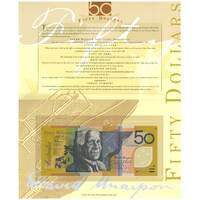 Australia 1995 $50 Polymer Banknote Evan/Fraser Prefix AA UNC in Folder