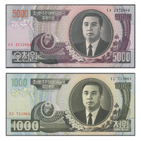 North Korea 2006 Set of 2 Banknotes 1000 & 5000 Won UNC