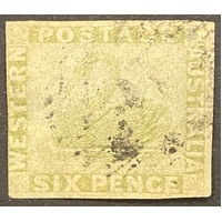 WA 1861 6d Sage-Green Swan Imperf Just Touching LL  Corner , SG28 Good Used