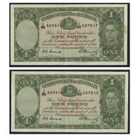 Commonwealth of Australia 1949 Coombs / Watt One Pound R31 EF Consecutive Pair