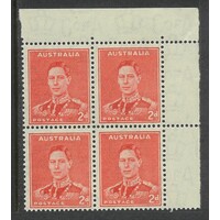 Australia: KGVI 2d Scarlet DIE II Top Gutter Marginal Block/4 BW188A MUH #CD16