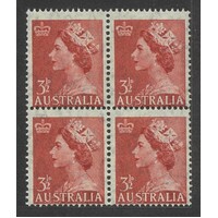 Australia: 1953 QE 3½d Carmine-Red On Thin Transparent Paper Block/4 BW296Aa MUH #CD17