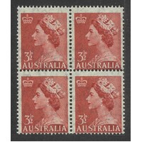 Australia: 1953 QE 3½d Carmine-Red On Thin Transparent Paper Block/4 BW296Aa MUH #CD17