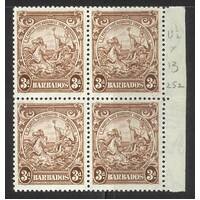 Barbados: 1938 Badge 3d Brown P13½x13 Marginal Block/4 SG 252/52a MUH #CD20