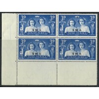 South West Africa: 1947 3d Royal Visit With Variety "Black-Eyed Princess" In Marginal Block/4 SG 136a MUH #CD24