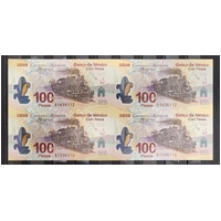 Mexico 2007 Revolution Anniv. 2010 Block/4 100 Pesos Polymer Banknotes S/N. 6112 UNC