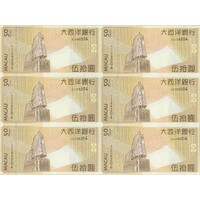 Macau 2009 Uncut Sheet of 6 Banknotes 50 Patacas in Collectors Folder AC088204 UNC