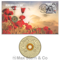 Australia 2015 Remembrance Day Lest We Forget Stamp & Coloured $2 Coin Cover - PNC