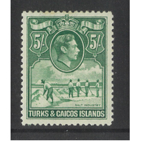 Turks & Caicos Island 1944 KGVI 5/- Deep Green Stamp SG204a Lightly Hinged 31-24