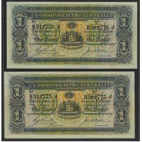 Commonwealth of Australia 1918 Consecutive Pair One Pound £1 Banknote Cerutty/Collins VF+ #P-20