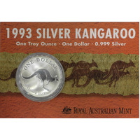 Australia 1993 Kangaroo $1 One Dollar 1oz Fine 999 Silver Coin - UNC in Card