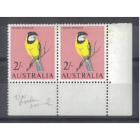 Australia 1965 2/- Golden Whistler Corner Marginal Pair/2 Stamps with Variety MUH 15-2