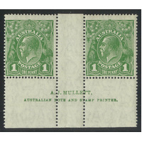 Australia KGV Small Multi WMK p14 1d Green Stamp Mullett Imprint Pair MUH 10-4