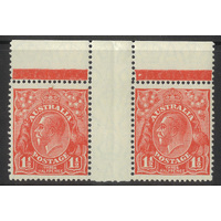 Australia KGV Small Multi WMK p13½x12½ 1½d Red Gutter Pair Stamps w/ Variety MUH