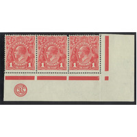 Australia KGV Single Crown WMK 1d Red JBC Corner Strip/3 Stamps Unit 1,3 MUH (S)