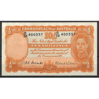Commonwealth of Australia 1952 Ten Shillings Banknote Coombs/Wilson R15 aUNC #P-43