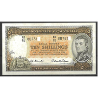 Commonwealth of Australia 1954 Ten Shillings Banknote Coombs/Wilson R16 UNC #P-45
