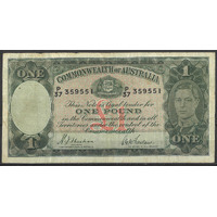 Commonwealth of Australia 1938 £1 Banknote Sheehan/Macfarlane R29 F #P-51