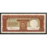 Commonwealth of Australia 1940 £10 Note Sheehan/Macfarlane 1st Prefix F+ R58F #P-19