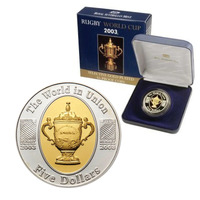 Australia 2003 $5 Rugby World Cup Silver Gold Plated Proof Coin
