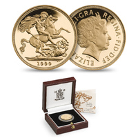 UK 1999 Elizabeth II Gold Sovereign Proof Coin in Original Box with CofA